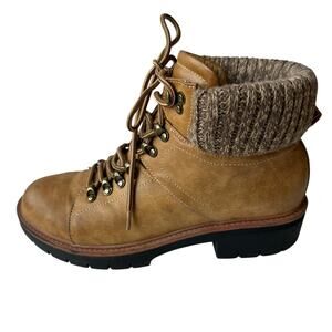 MIA Hiking Boots Tan Faux Leather Knit Cuff Ankle Boot Women's Size 8.5M